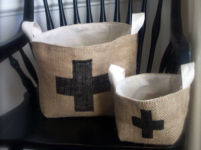etsy : brin & nohl : coffee sack basket - black swiss cross