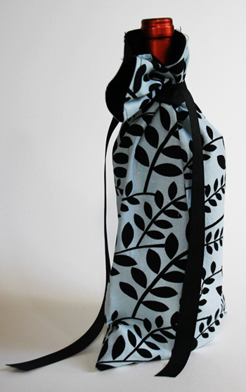 etsy : paper & clouds : fabric wine bag, blue with black pattern 