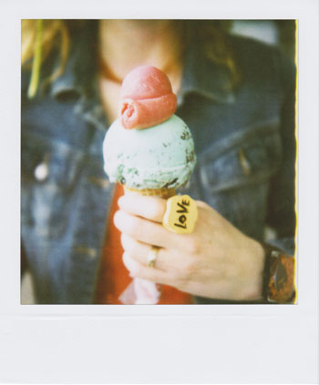 rachel's mint chocolate chip with raspberry sorbet izzy on top